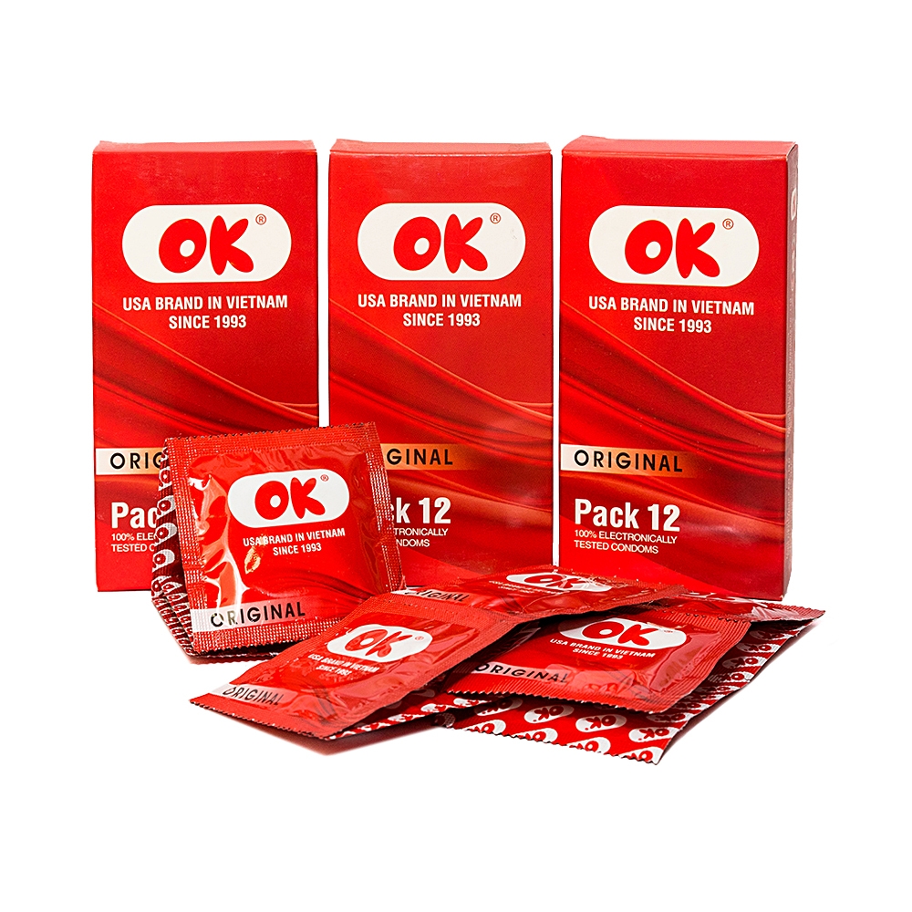 Bao cao su OK Original không mùi, bổ sung chất bôi trơn và không chứa chất diệt tinh trùng (12 cái)