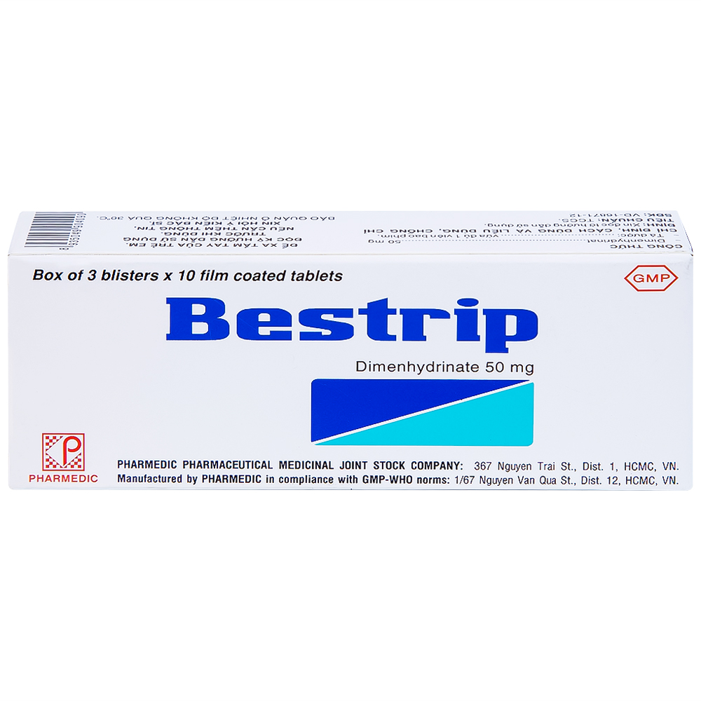 Thuốc Bestrip 50mg Pharmedic phòng và điều trị các chứng buồn nôn do say tàu xe (3 vỉ x 10 viên)