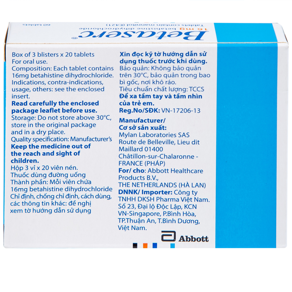 Thuốc Betaserc 16mg Abbott điều trị rối loạn tiền đình (3 vỉ x 20 viên)