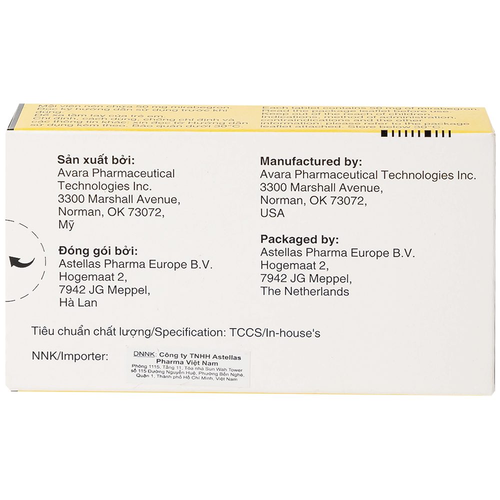 Thuốc Betmiga 50mg Astellas điều trị triệu chứng tiểu gấp (3 vỉ x 10 viên)