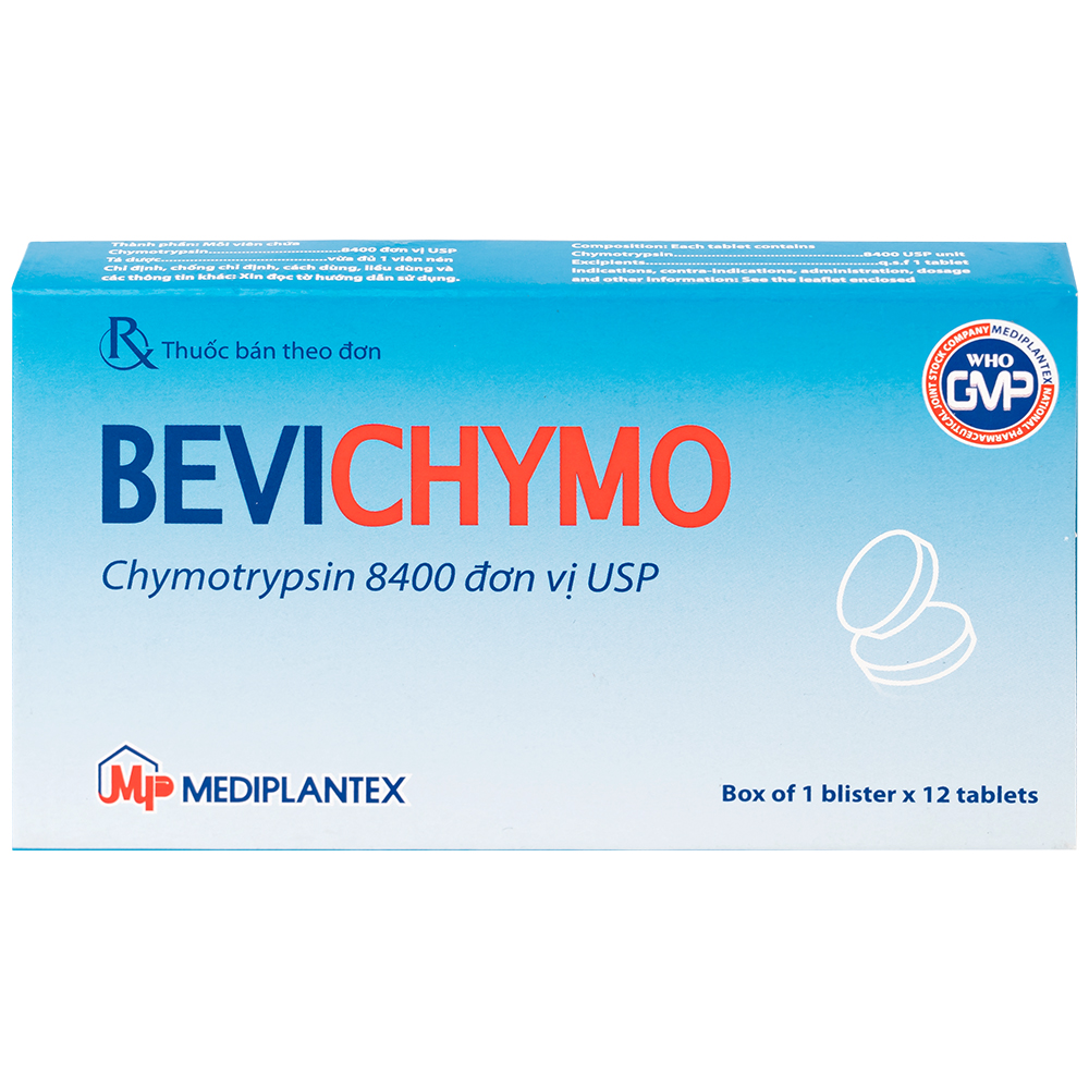 Thuốc Bevichymo Chymotrypsin 8400 USP Mediplantex điều trị các trường hợp phù nề sau chấn thương, phẫu thuật, bỏng (1 vỉ x 12 viên)