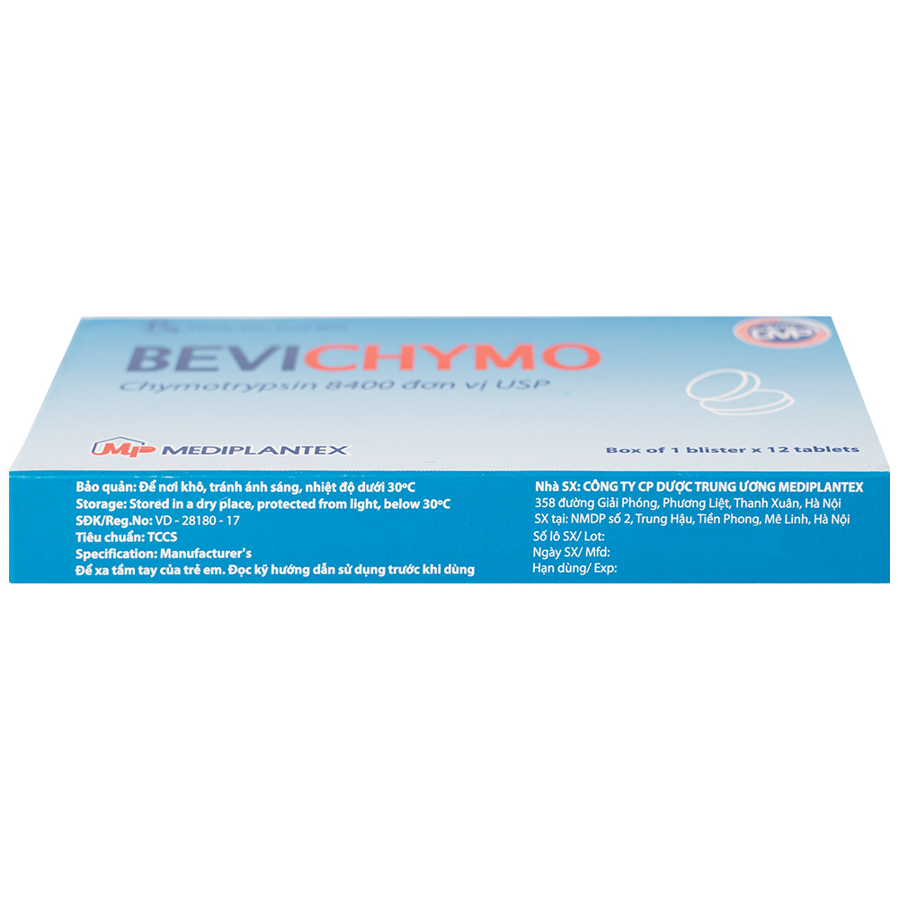 Thuốc Bevichymo Chymotrypsin 8400 USP Mediplantex điều trị các trường hợp phù nề sau chấn thương, phẫu thuật, bỏng (1 vỉ x 12 viên)