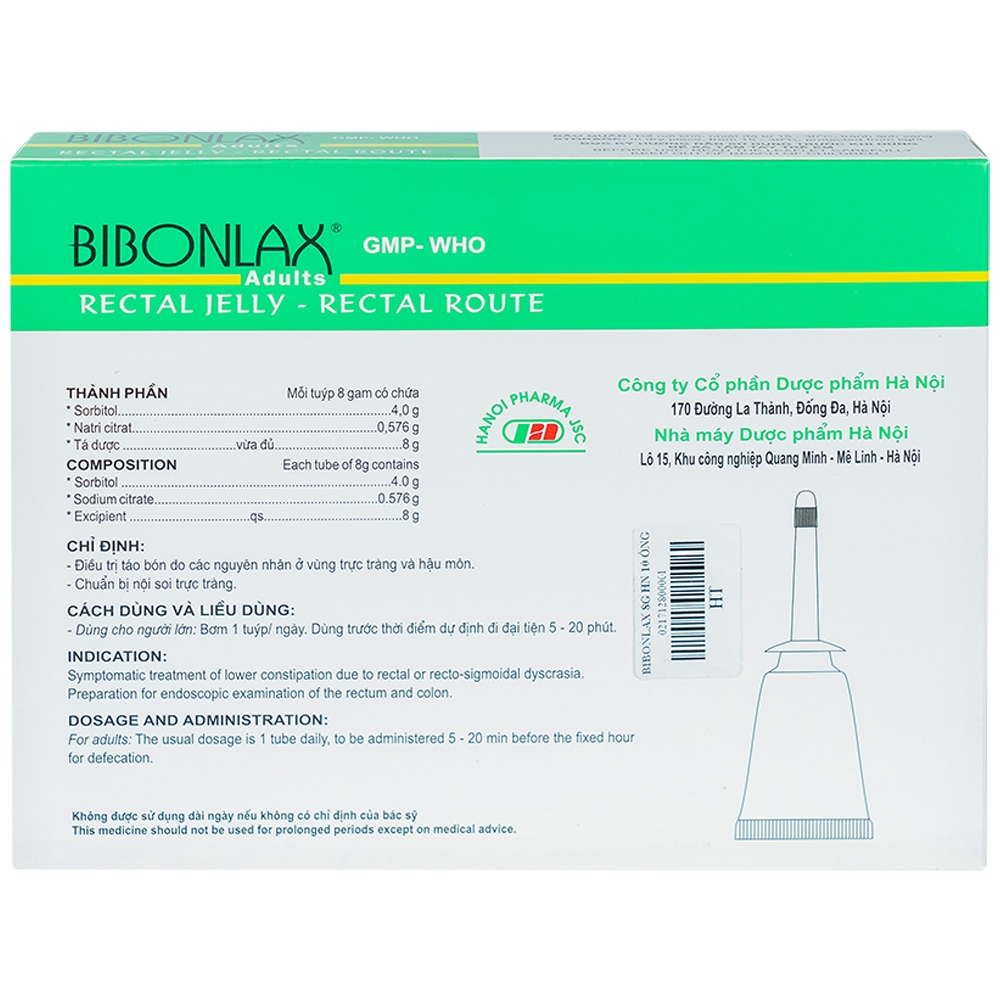 Gel dùng đường trực tràng Bibonlax Adults Hanoi Pharma điều trị táo bón (10 ống x 8g)