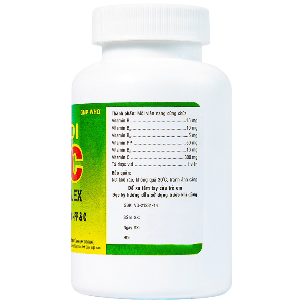Thuốc Bidi BC Complex 300mg Bidiphar điều trị, phòng ngừa thiếu vitamin nhóm B và C (100 viên)  