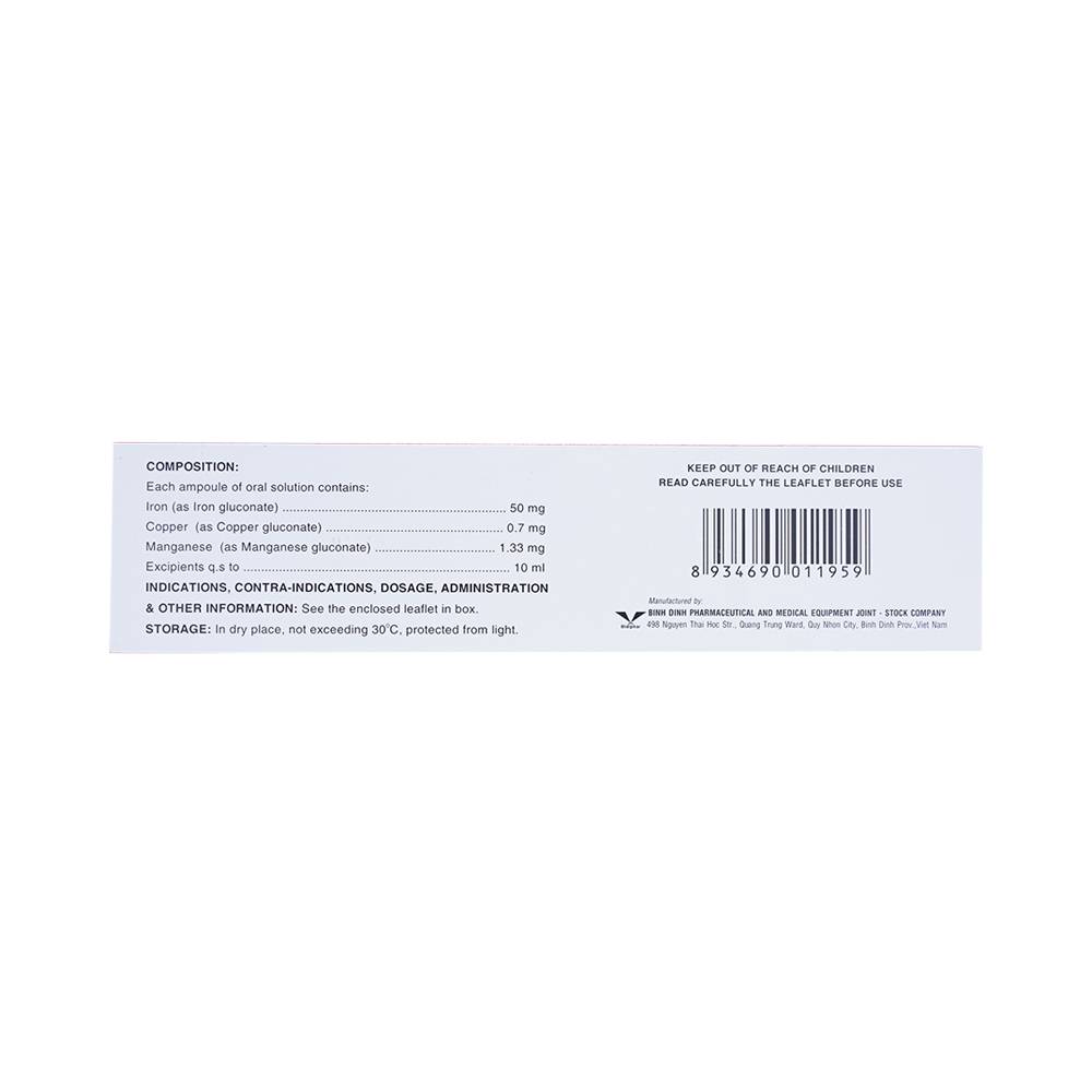 Dung dịch Bifehema Bidiphar điều trị thiếu máu do thiếu sắt (20 ống x 10ml)