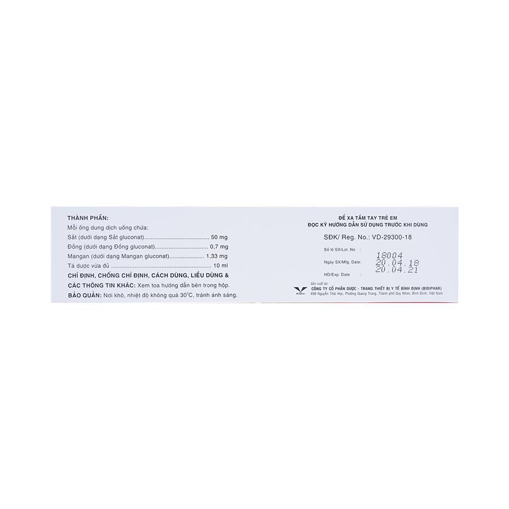 Dung dịch Bifehema Bidiphar điều trị thiếu máu do thiếu sắt (20 ống x 10ml)