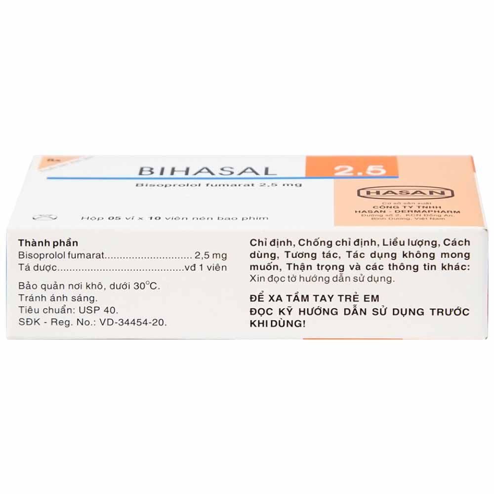 Thuốc Bihasal 2.5 Hasan điều trị tăng huyết áp, đau thắt ngực, suy tim mạn tính ổn định (5 vỉ x 10 viên)