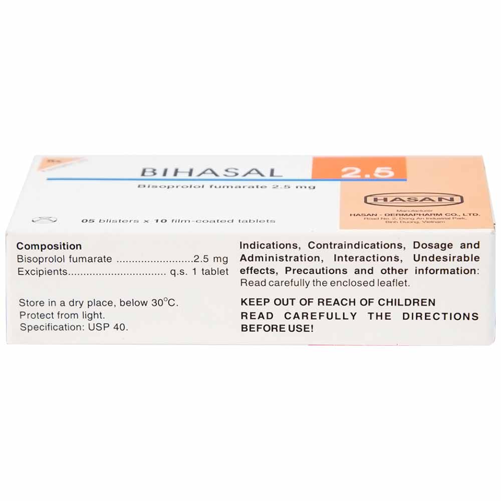 Thuốc Bihasal 2.5 Hasan điều trị tăng huyết áp, đau thắt ngực, suy tim mạn tính ổn định (5 vỉ x 10 viên)