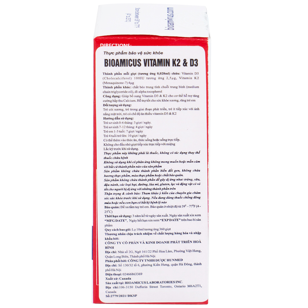 Dung dịch uống hỗ trợ tăng cường hấp thu Calcium Bioamicus Vitamin K2 & D3 (10ml)
