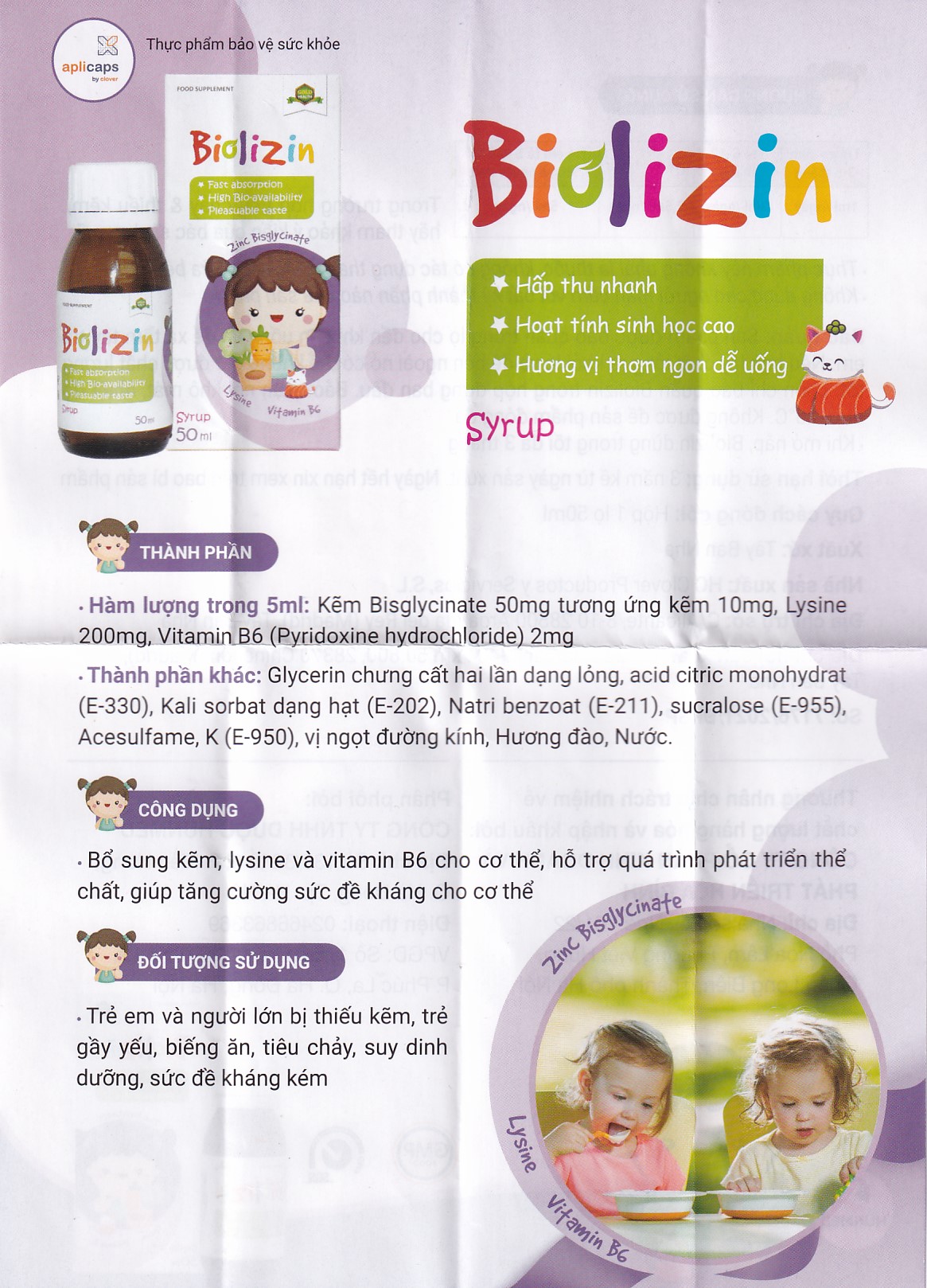Siro bổ sung kẽm, lysine và vitamin B6 cho trẻ Biolizin (50ml)