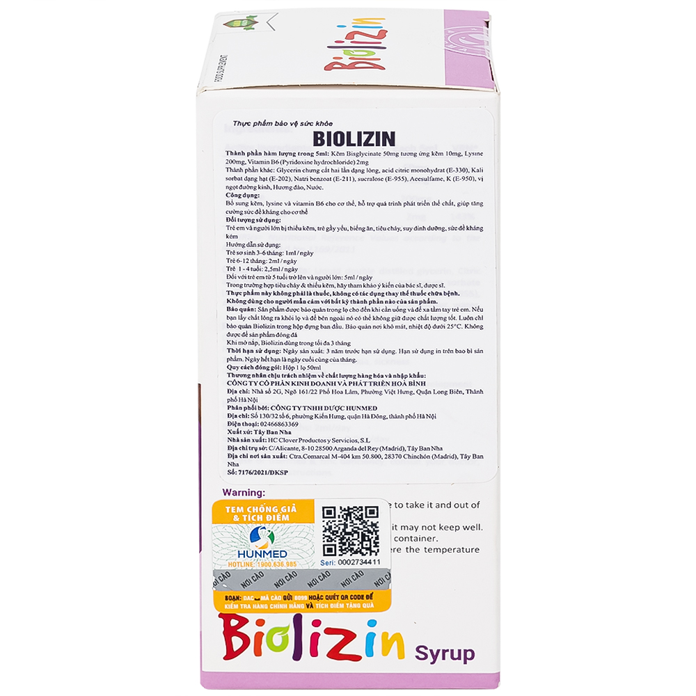 Siro bổ sung kẽm, lysine và vitamin B6 cho trẻ Biolizin (50ml)