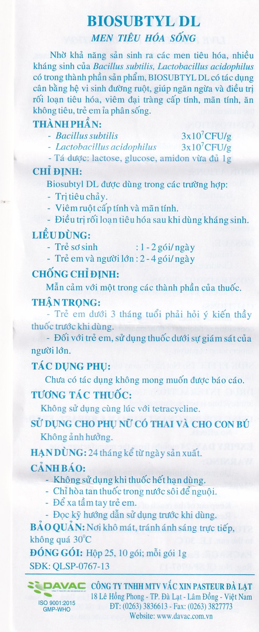 Men tiêu hoá sống Biosubtyl DL Davac điều trị tiêu chảy, viêm đại tràng, rối loạn tiêu hoá (25 gói)