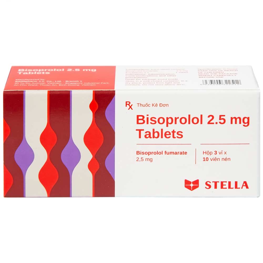 Thuốc Bisoprolol 2.5mg Tablets Stella điều trị tăng huyết áp, đau thắt ngực mạn tính ổn định (3 vỉ x 10 viên)