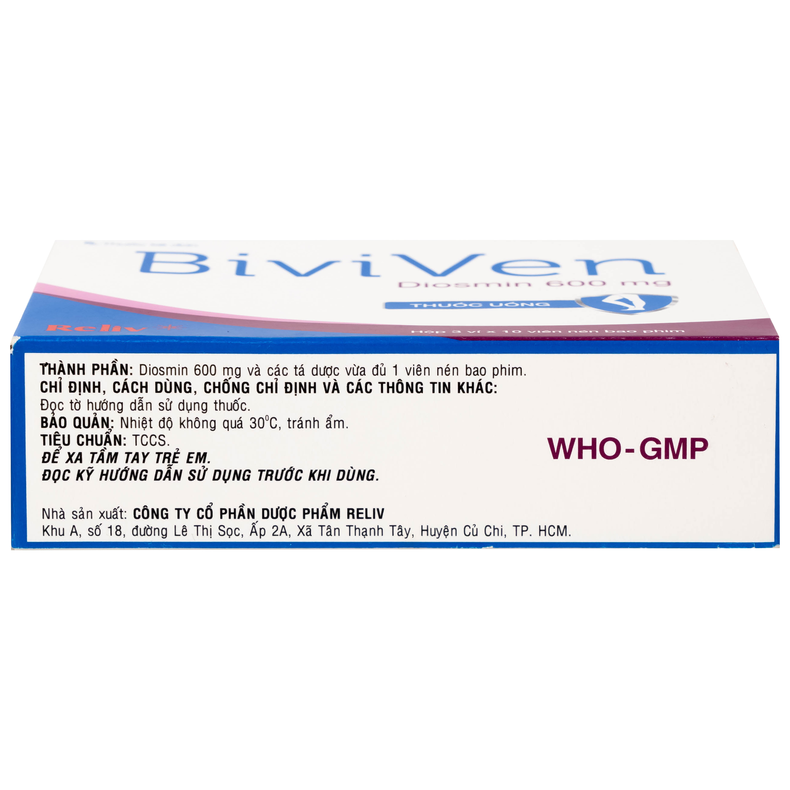 Thuốc BiviVen 600mg Reliv hỗ trợ cải thiện triệu chứng suy tuần hoàn tĩnh mạch bạch huyết (3 vỉ x 10 viên)