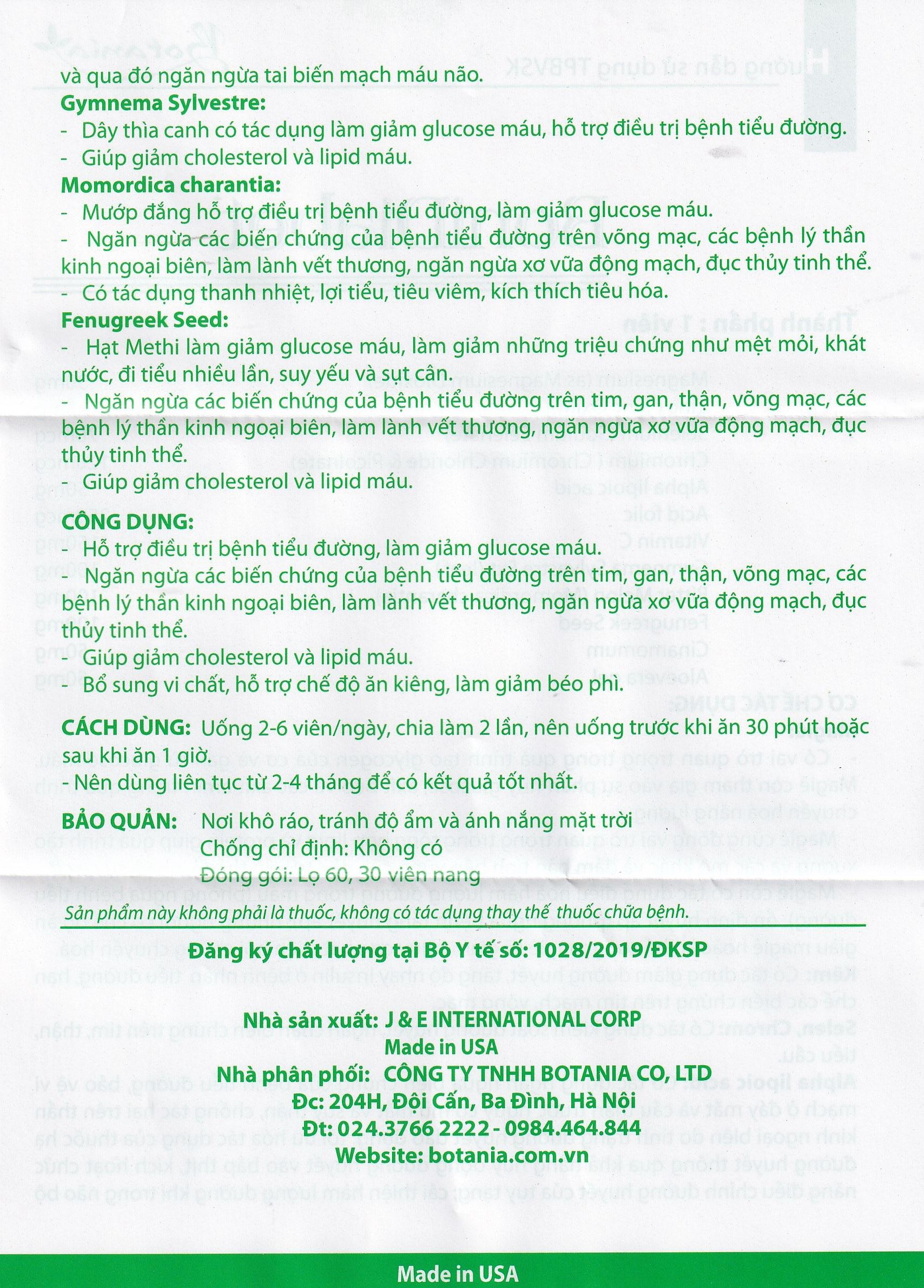 Viên uống hỗ trợ điều trị bệnh tiểu đường làm giảm glucose máu BoniDiabet Botania (60 viên)