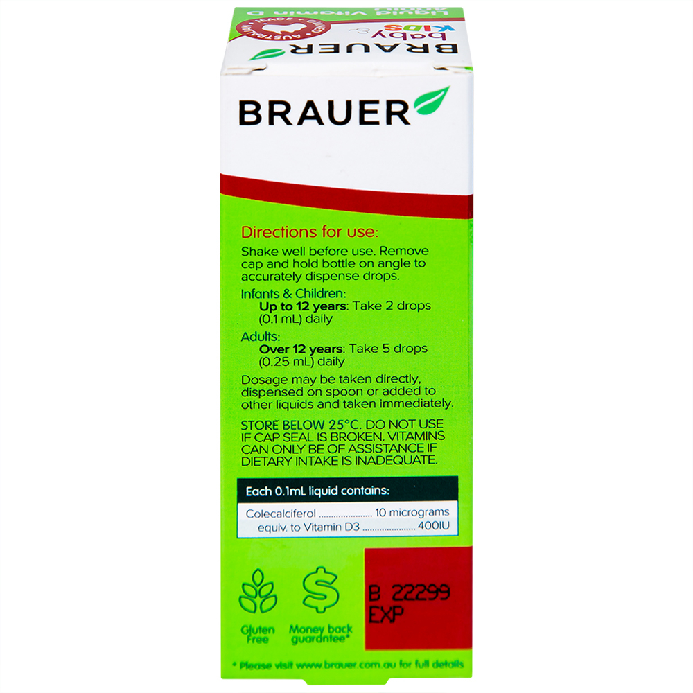 Siro bổ sung vitamin D3 tăng cường hấp thụ canxi Brauer Baby & Kids Liquid Vitamin D 400IU (10ml)