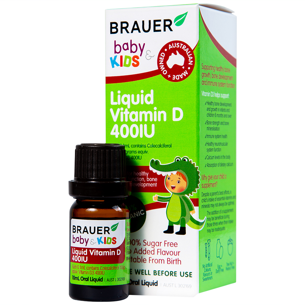 Siro bổ sung vitamin D3 tăng cường hấp thụ canxi Brauer Baby &amp; Kids Liquid Vitamin D 400IU (10ml)