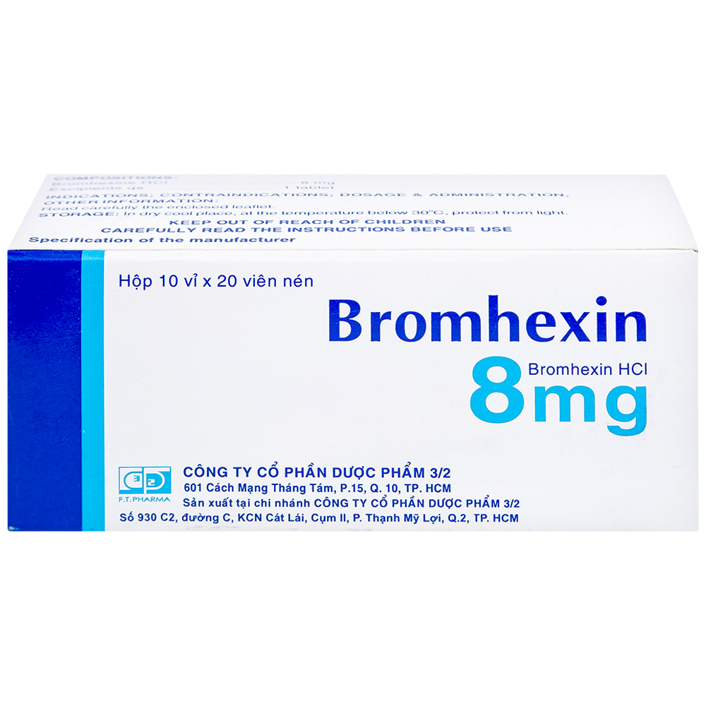 Thuốc Bromhexin 8mg Dược 3-2 tan đàm trong viêm khí phế quản, viêm phế quản mạn tính (10 vỉ x 20 viên)