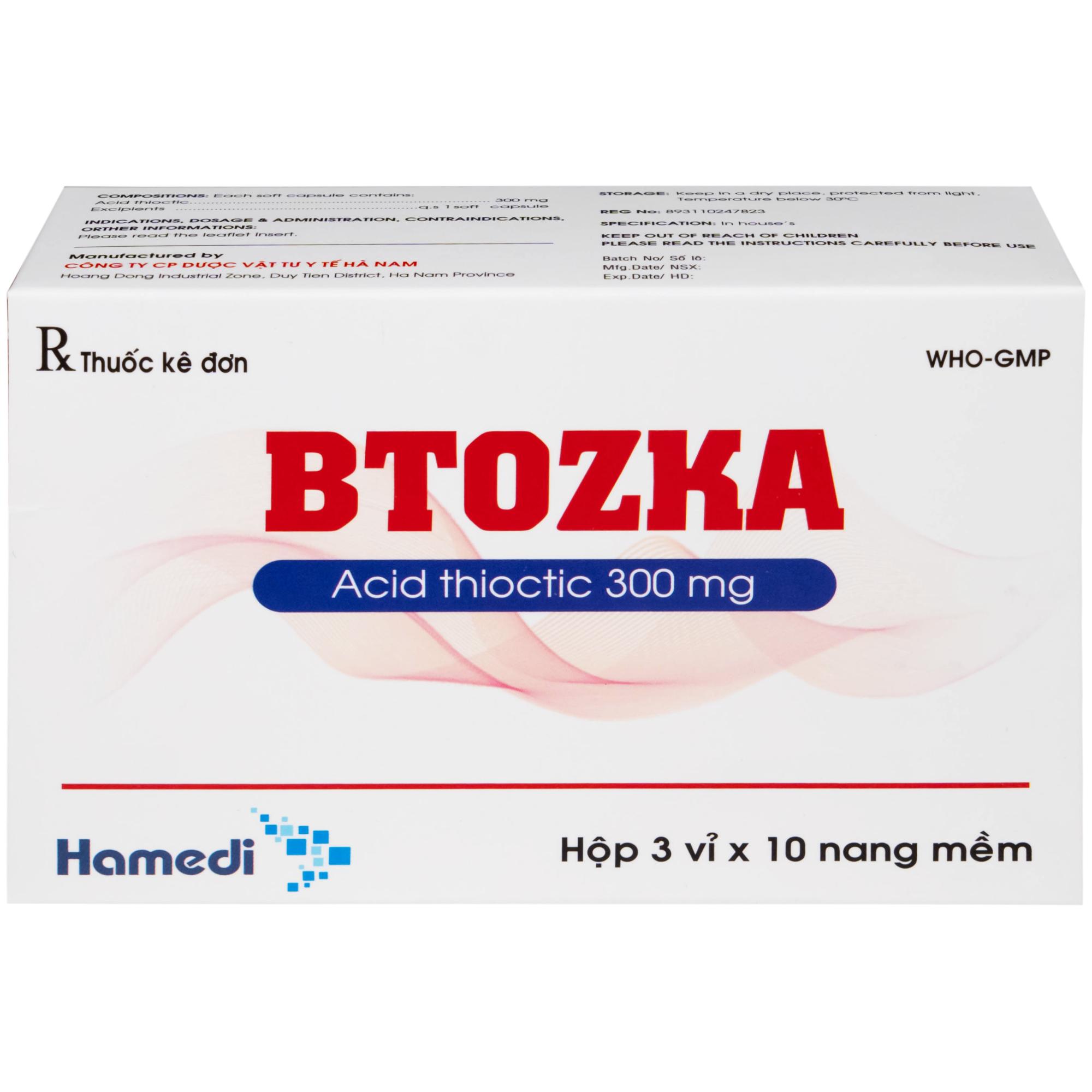 Thuốc Btozka 300mg Hamedi điều trị rối loạn cảm giác trong bệnh viêm đa dây thần kinh đái tháo đường (3 vỉ x 10 viên)