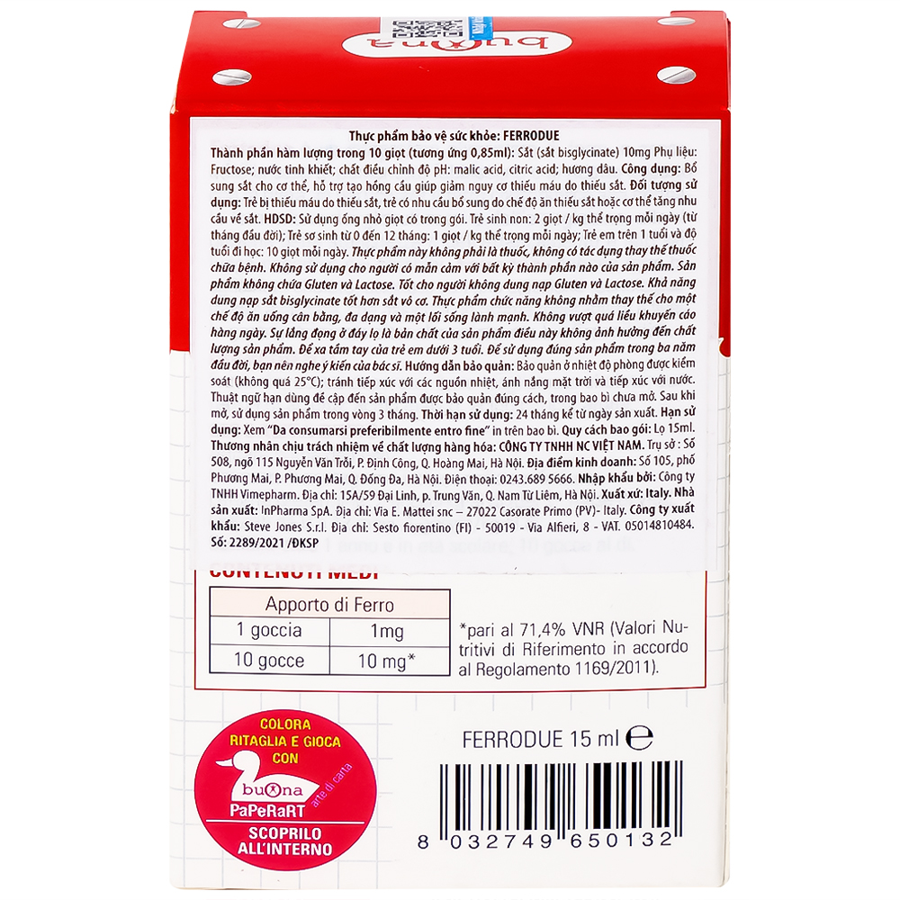 Dung dịch giúp giảm nguy cơ thiếu máu do thiếu sắt Buona Ferrodue (15ml)