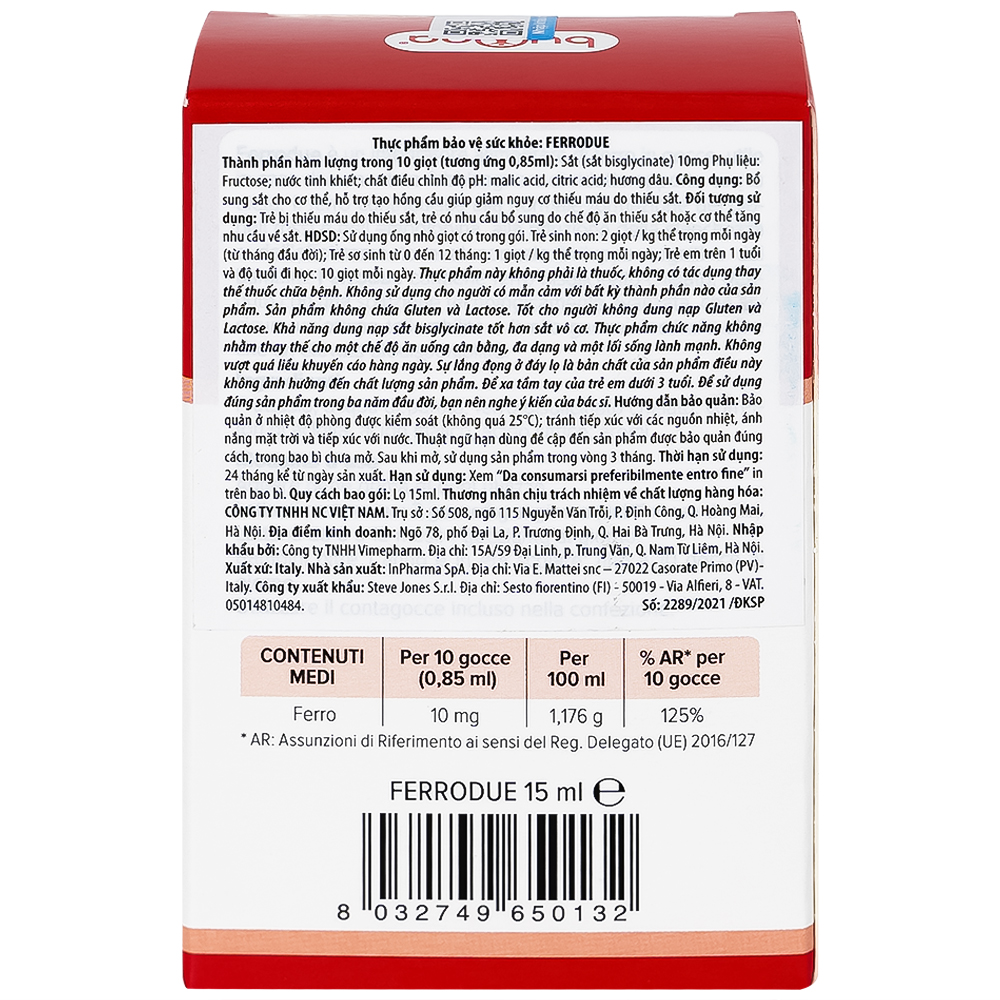Dung dịch giúp giảm nguy cơ thiếu máu do thiếu sắt Buona Ferrodue (15ml)