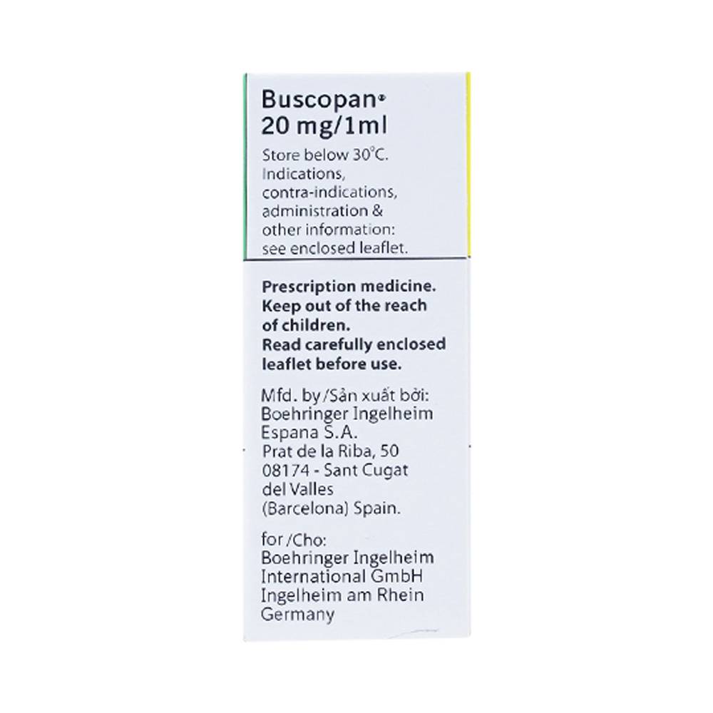 Thuốc tiêm Buscopan Boehringer điều trị co thắt dạ dày, ruột (2 vỉ x 5 ống)