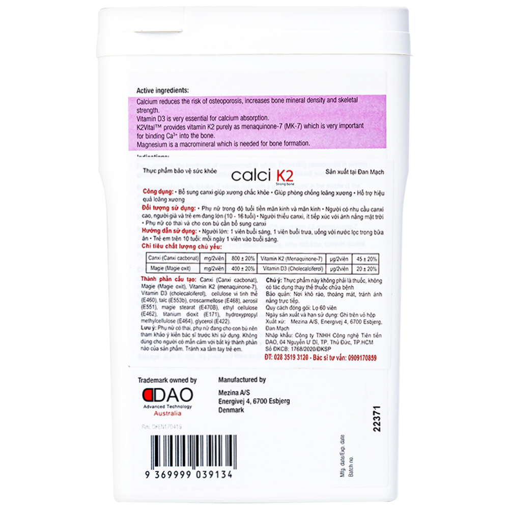 Viên uống hỗ trợ phòng chống loãng xương, bổ sung canxi giúp xương chắc khỏe Calci K2 Dao Nordic Health (60 viên)