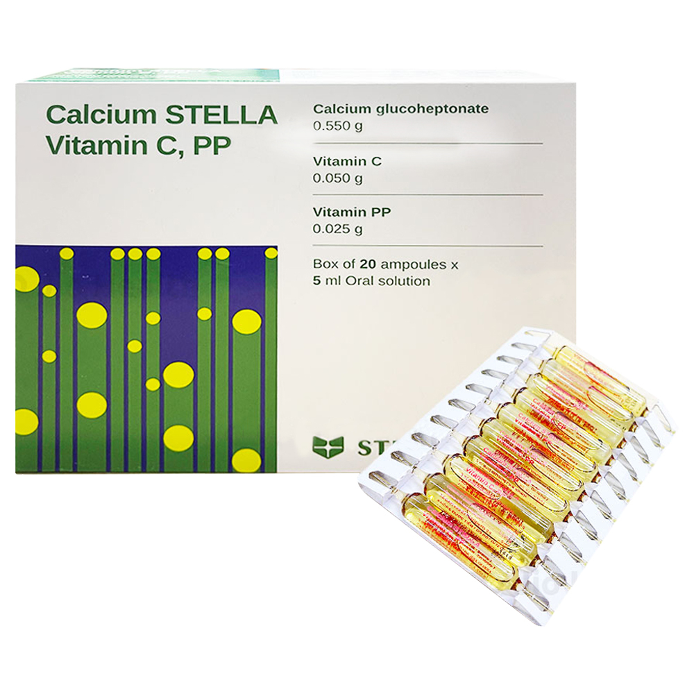 Dung dịch uống Calcium Stella Vitamin C, PP điều trị còi xương và bổ sung canxi (2 vỉ x 10 ống x 5ml)