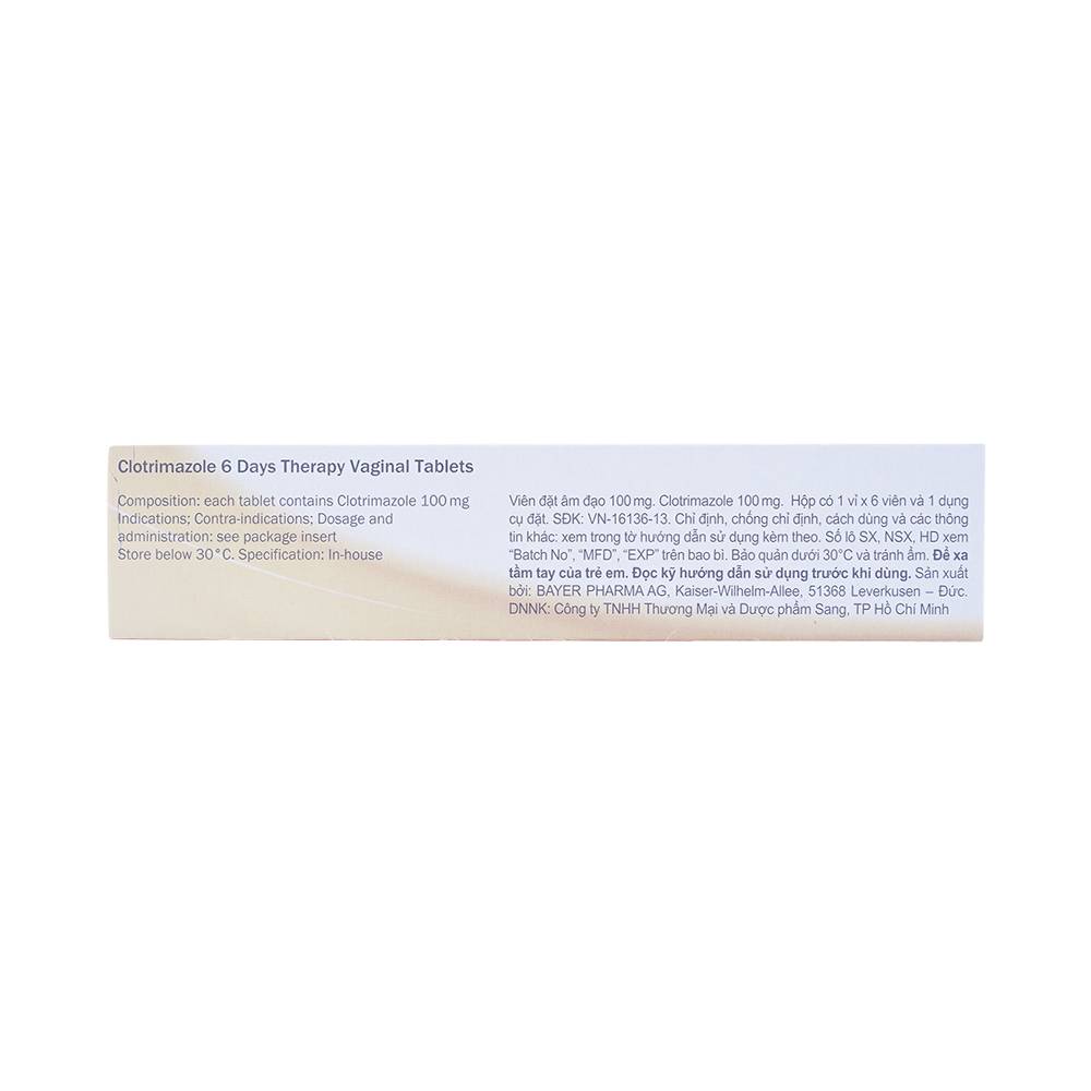 Viên đặt âm đạo Canesten 6-Days-Therapy 100mg điều trị viêm âm đạo 