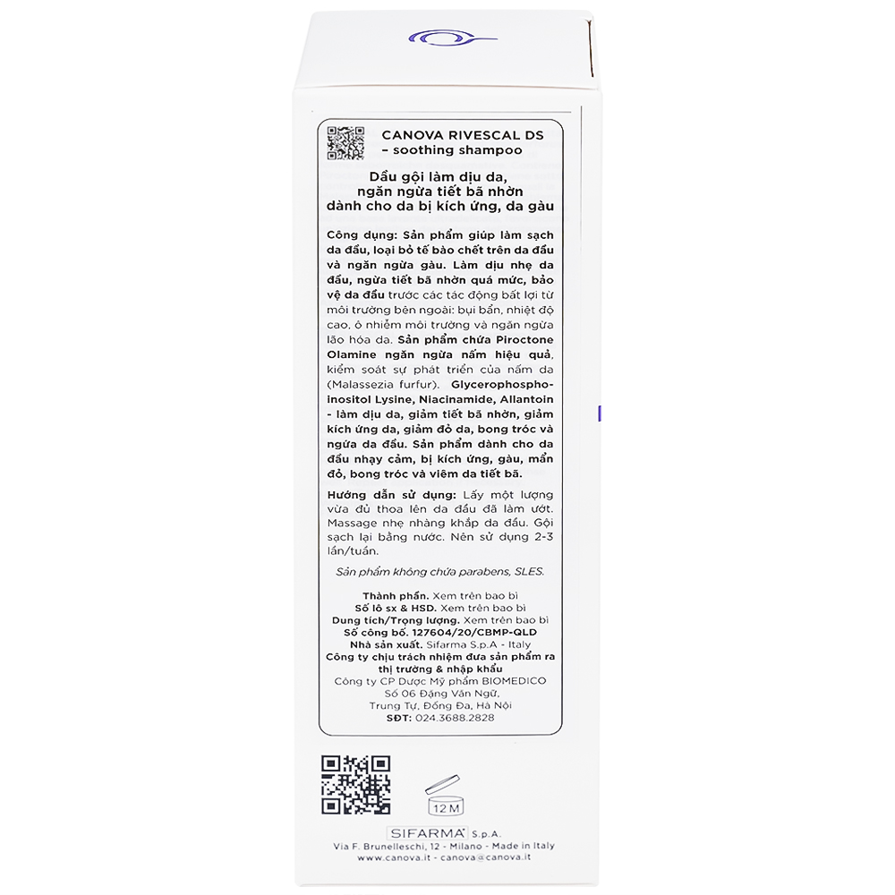 Dầu gội dịu da Canova Rivescal DS Soothing Shampoo ngừa tiết bã nhờn, giảm kích ứng cho da đầu nhạy cảm, gàu (200ml)