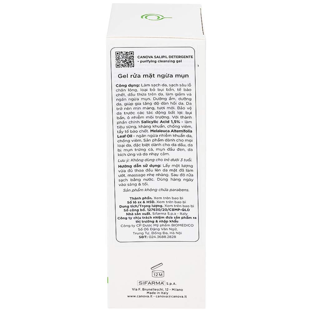 Gel rửa mặt ngừa mụn Canova Salipil Detergente Purifying Cleansing Gel Sifarma 150ml