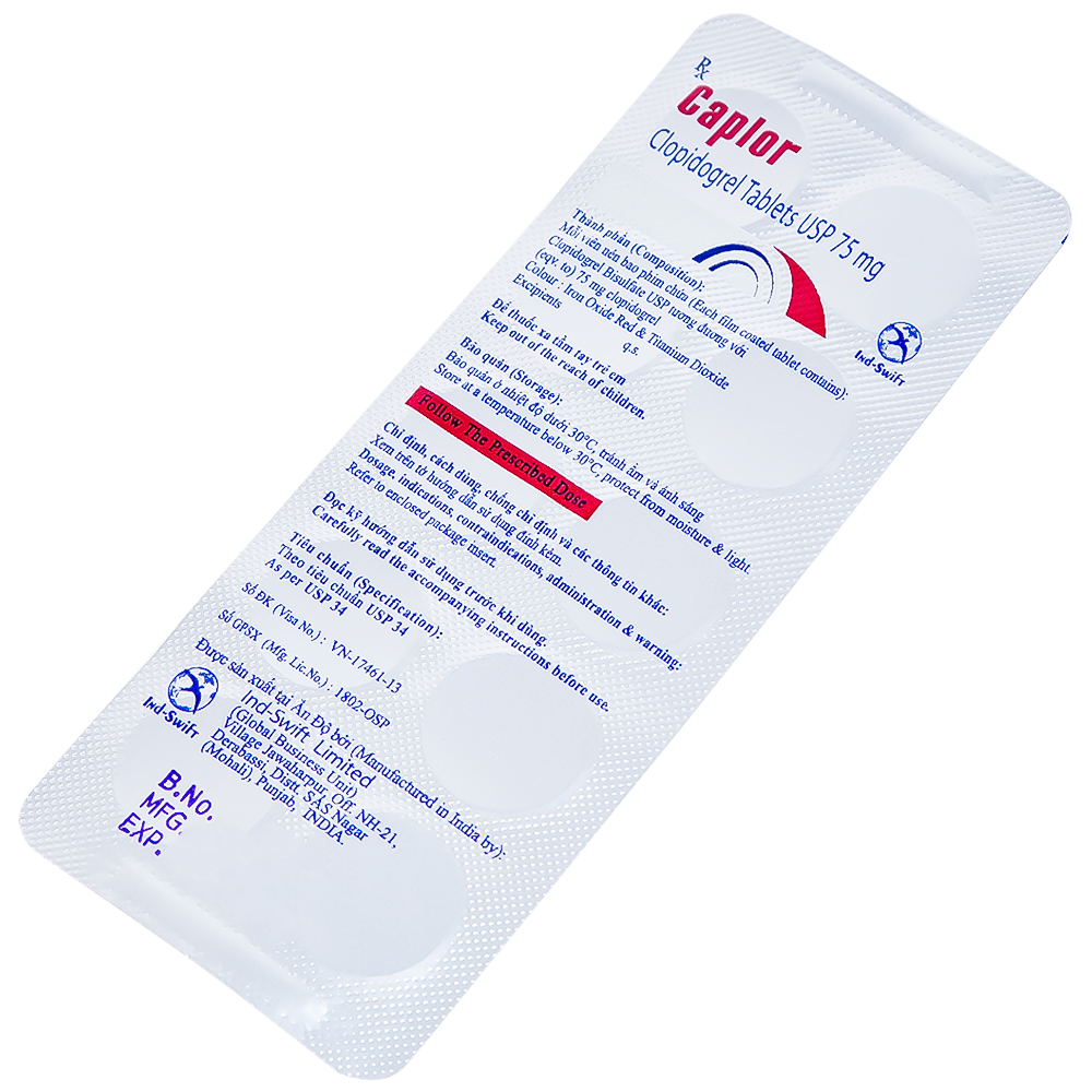 Thuốc Caplor 75mg INd-Swift giảm huyết khối tắc mạch (3 vỉ x 10 viên)