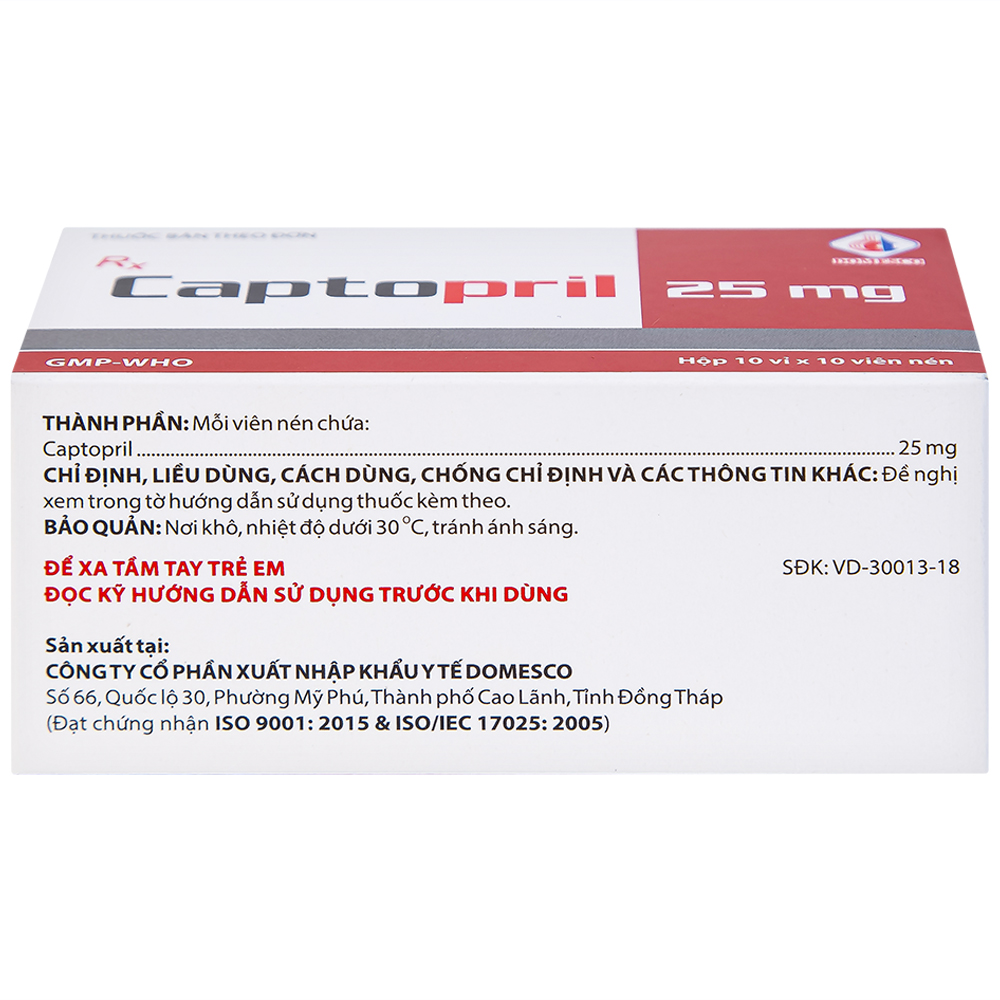 Thuốc Captopril 25mg Domesco điều trị tăng huyết áp, suy tim, nhồi máu cơ tim (10 vỉ x 10 viên) 