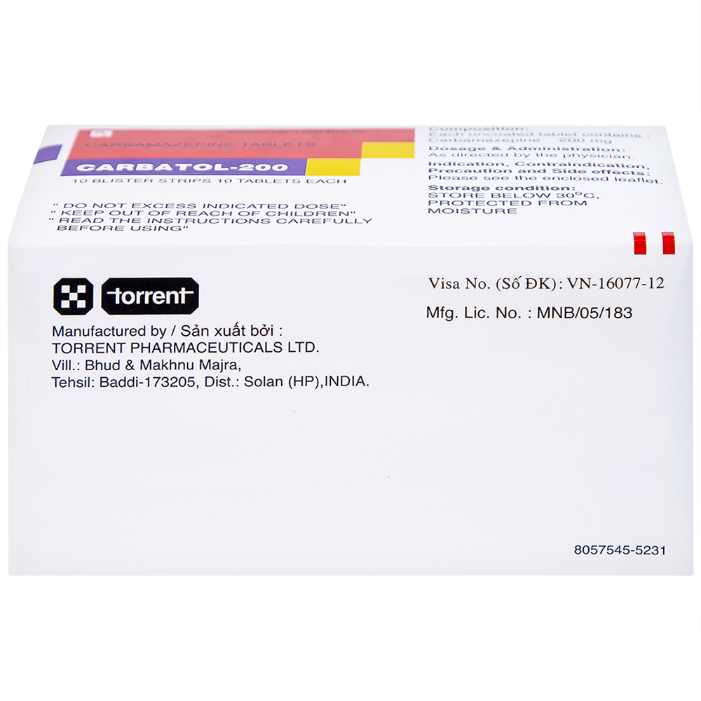 Thuốc Carbatol 200 Torrent điều trị bệnh động kinh cục bộ (10 vỉ x 10 viên)