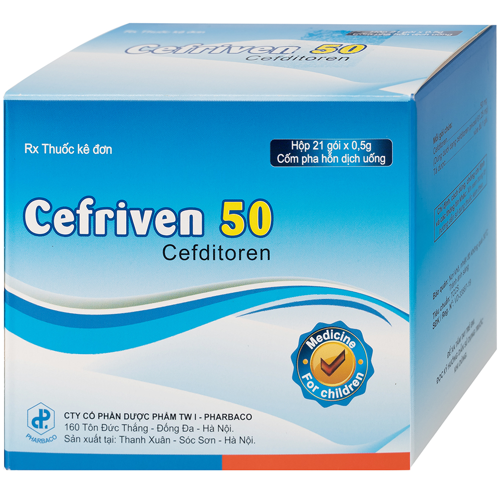Cốm pha hỗn dịch uống Cefriven 50 điều trị nhiễm khuẩn đường hô hấp, nhiễm khuẩn da, viêm họng, viêm amidan (21 gói x 0.5g)