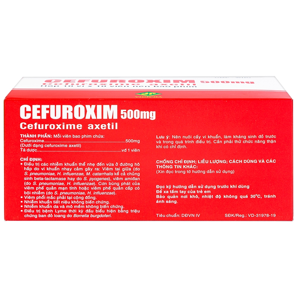 Thuốc Cefuroxim 500mg Vidipha điều trị nhiễm khuẩn (10 vỉ x 10 viên)