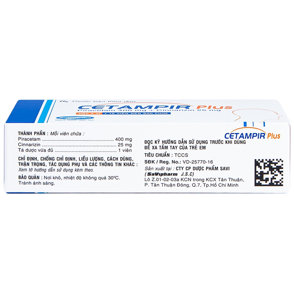Thuốc Cetampir Plus 400mg/25mg SaVipharm điều trị rối loạn thiểu năng vỏ não, động kinh, giảm trí nhớ (3 vỉ x 10 viên)