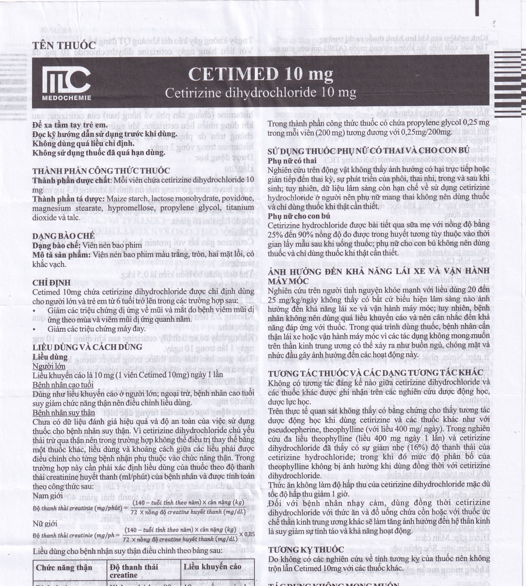 Thuốc Cetimed 10mg Medochemie điều trị triệu chứng viêm mũi dị ứng (1 vỉ x 10 viên)
