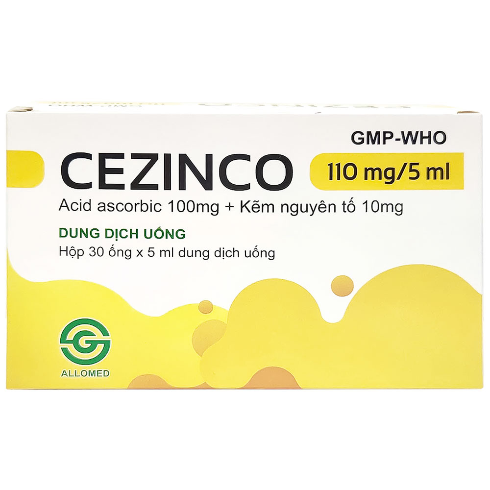 Dung dịch uống Cezinco 110mg/5ml Allomed phòng ngừa và điều trị thiếu vitamin C, thiếu kẽm (30 ống)