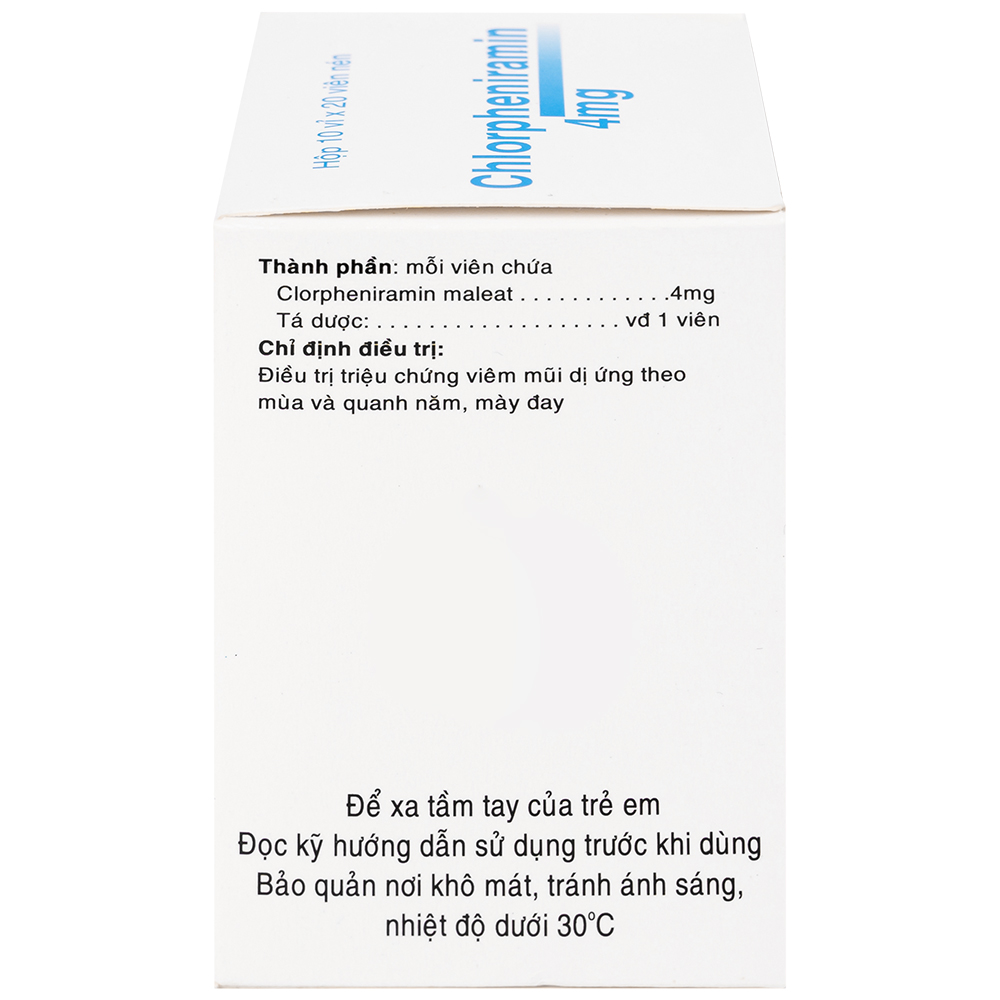 Thuốc Chlorpheniramin 4mg Fourdiphar điều trị viêm mũi dị ứng, mày đay (10 vỉ x 20 viên)