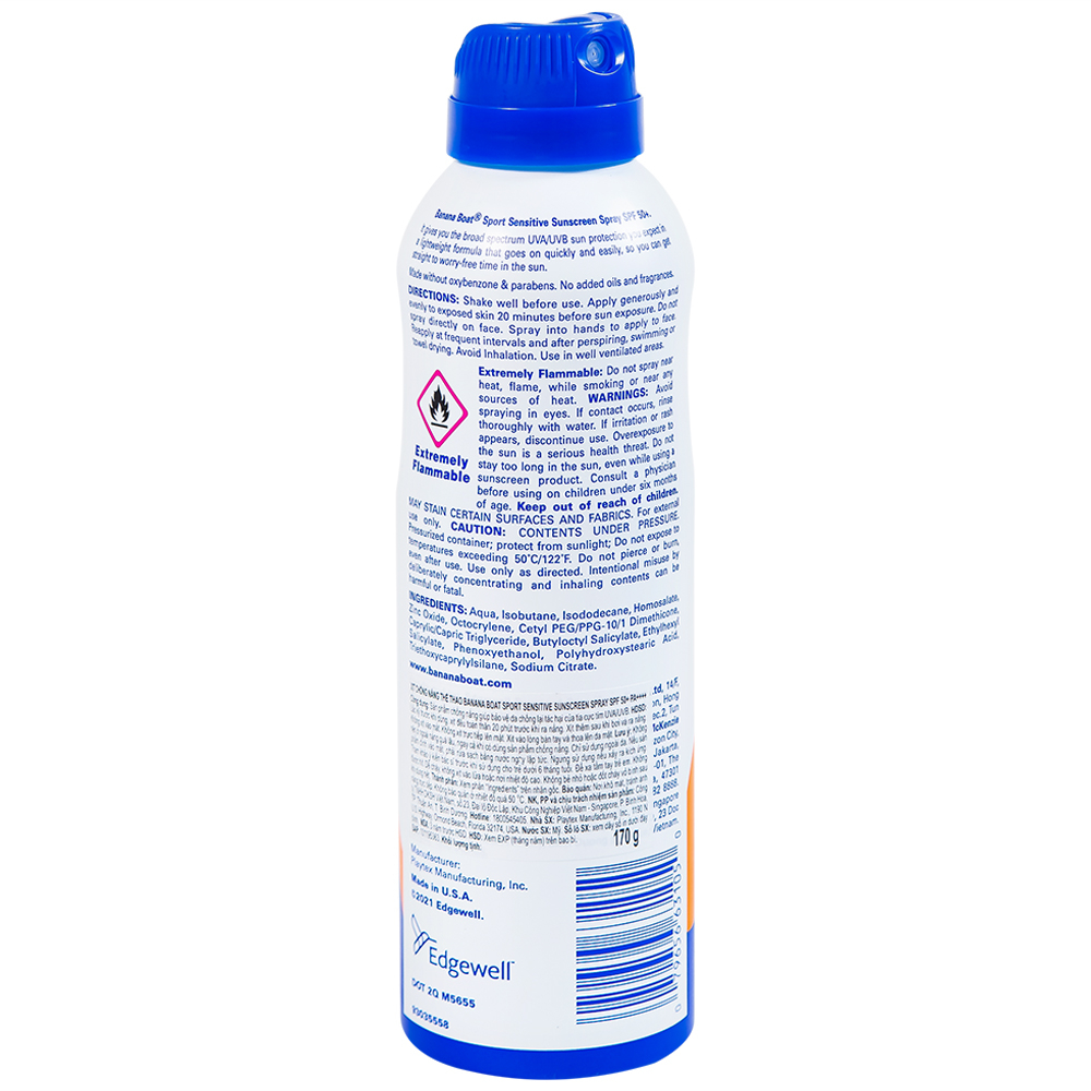 Xịt chống nắng thể thao Banana Boat Sport Sensitive SPF50+ PA++++ bảo vệ da toàn diện khỏi tia UV, phù hợp da nhạy cảm, chống trôi hiệu quả (170g)