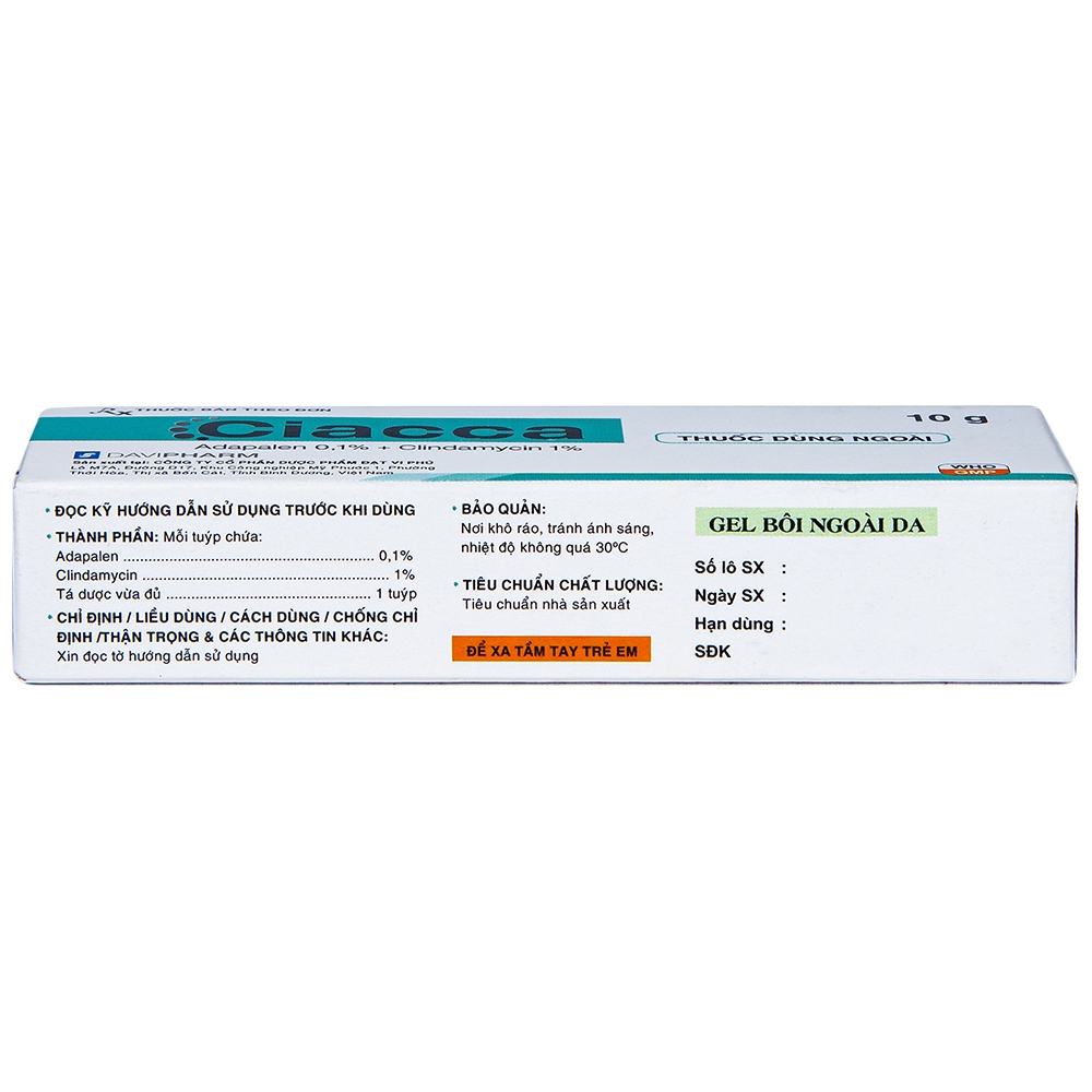 Gel bôi ngoài da Ciacca Davipharm điều trị tình trạng da bị mụn trứng cá nhẹ đến vừa (10g)