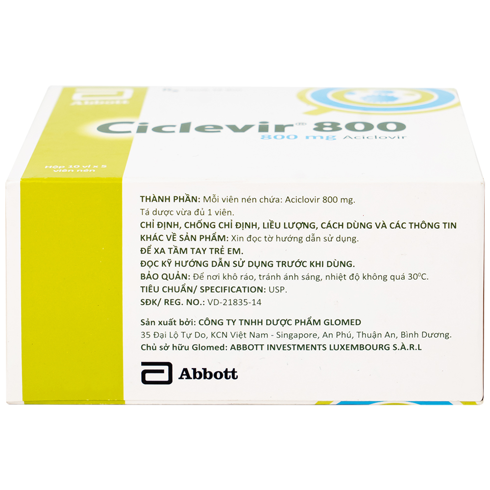 Thuốc Ciclevir 800 Abbott điều trị nhiễm virus Herpes simplex tuýp 1 và 2 (10 vỉ x 5 viên)
