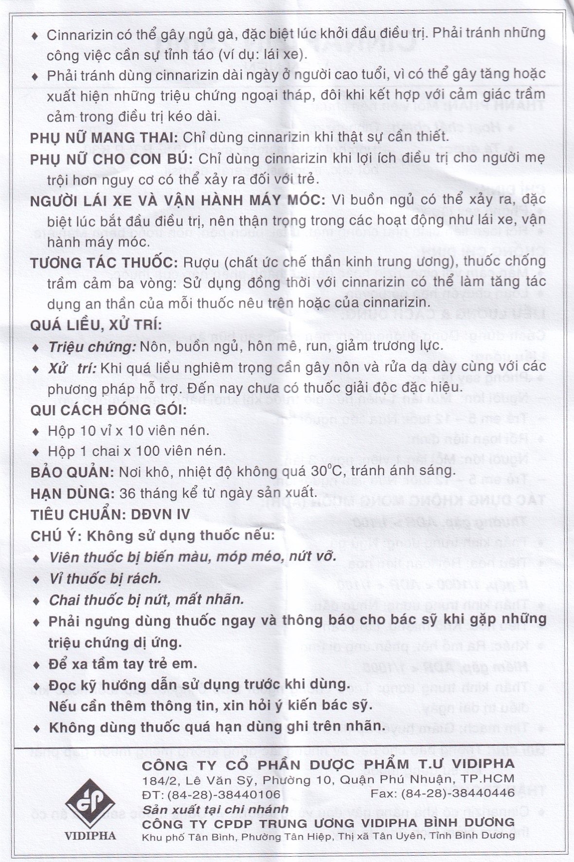 Thuốc Cinnarizin 25mg Vidipha phòng say tàu xe, rối loạn tiền đình (100 viên)