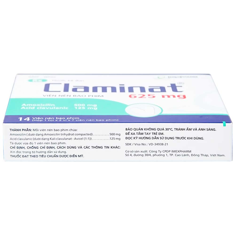 Thuốc Claminat 625mg Imexpharm điều trị nhiễm trùng (2 vỉ x 7 viên)
