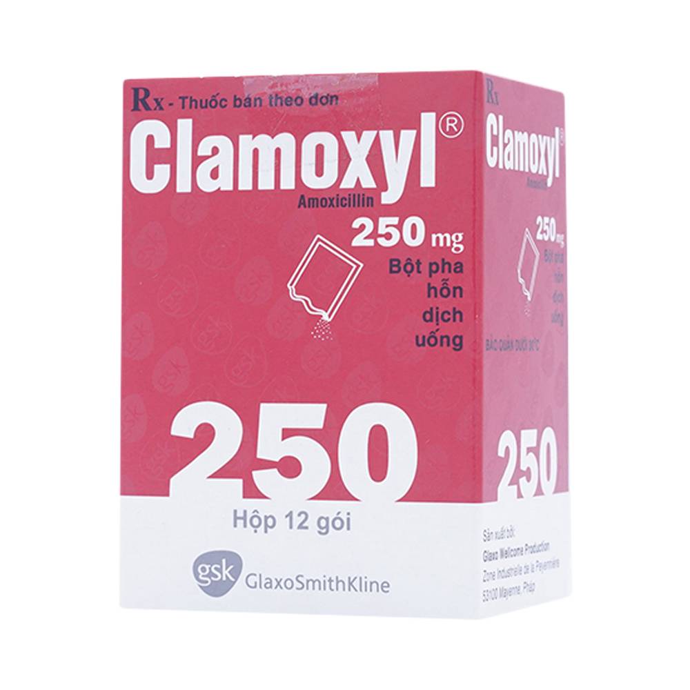 Bột pha hỗn dịch uống Clamoxyl 250mg GSK điều trị nhiễm khuẩn (12 gói)