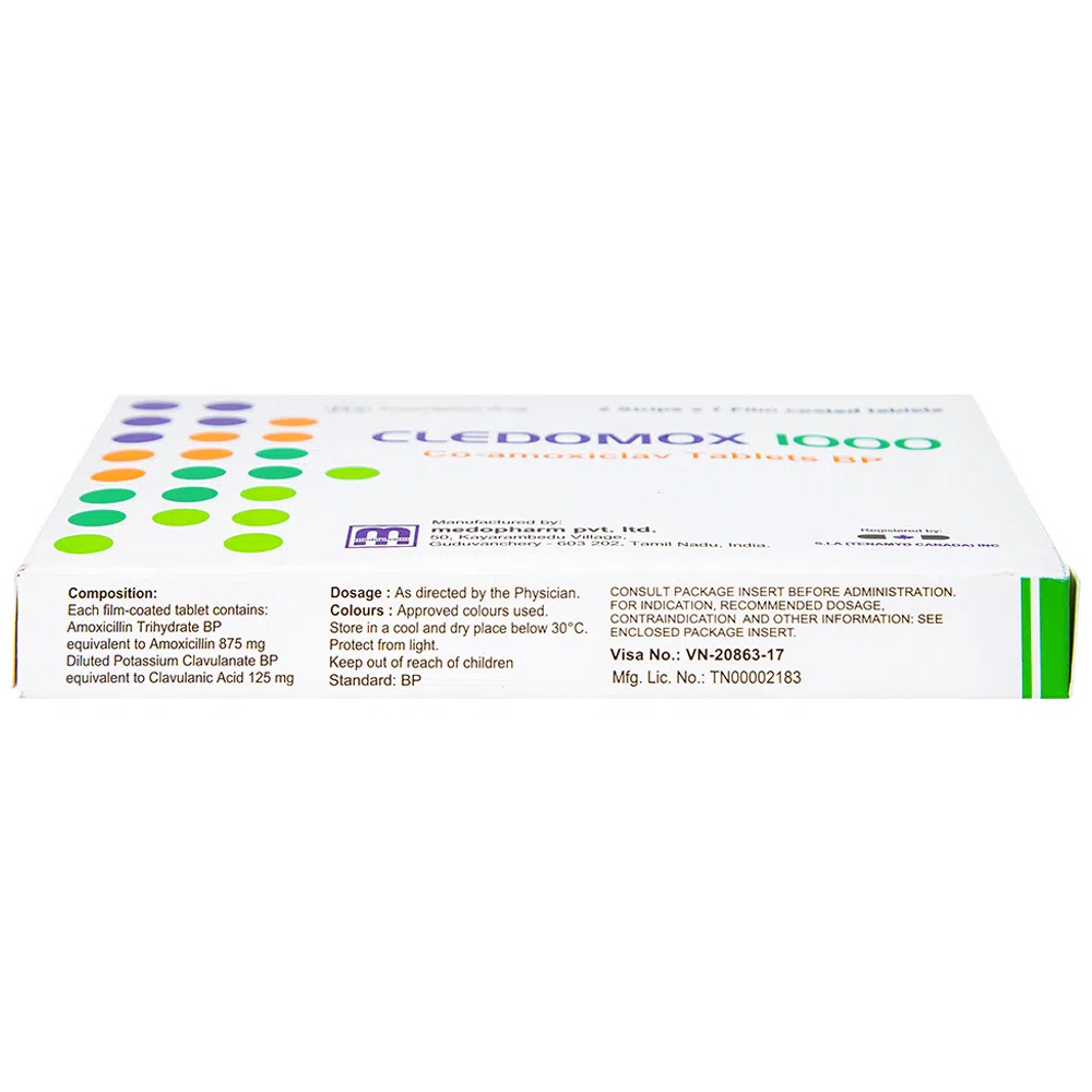 Thuốc Cledomox 1000 Tenamyd điều trị các trường hợp nhiễm khuẩn (2 vỉ x 7 viên)