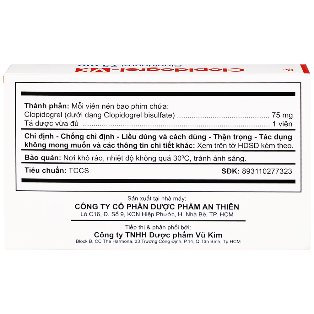 Thuốc Clopidogrel-Vk 75mg An Thiên phòng ngừa biến cố xơ vữa động mạch (3 vỉ x 10 viên)