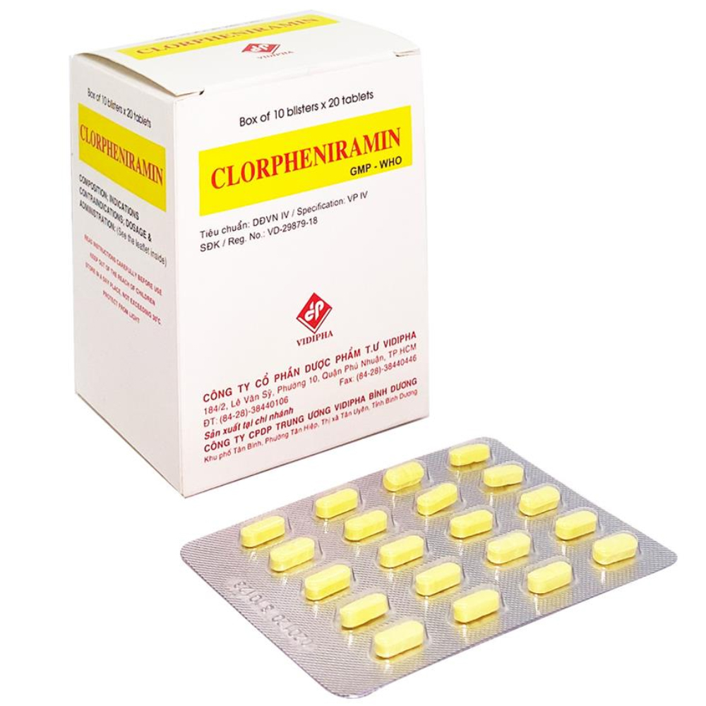 Thuốc Clorpheniramin Vidipha điều trị viêm mũi dị ứng theo mùa, quanh năm và mày đay (10 vỉ x 20 viên)