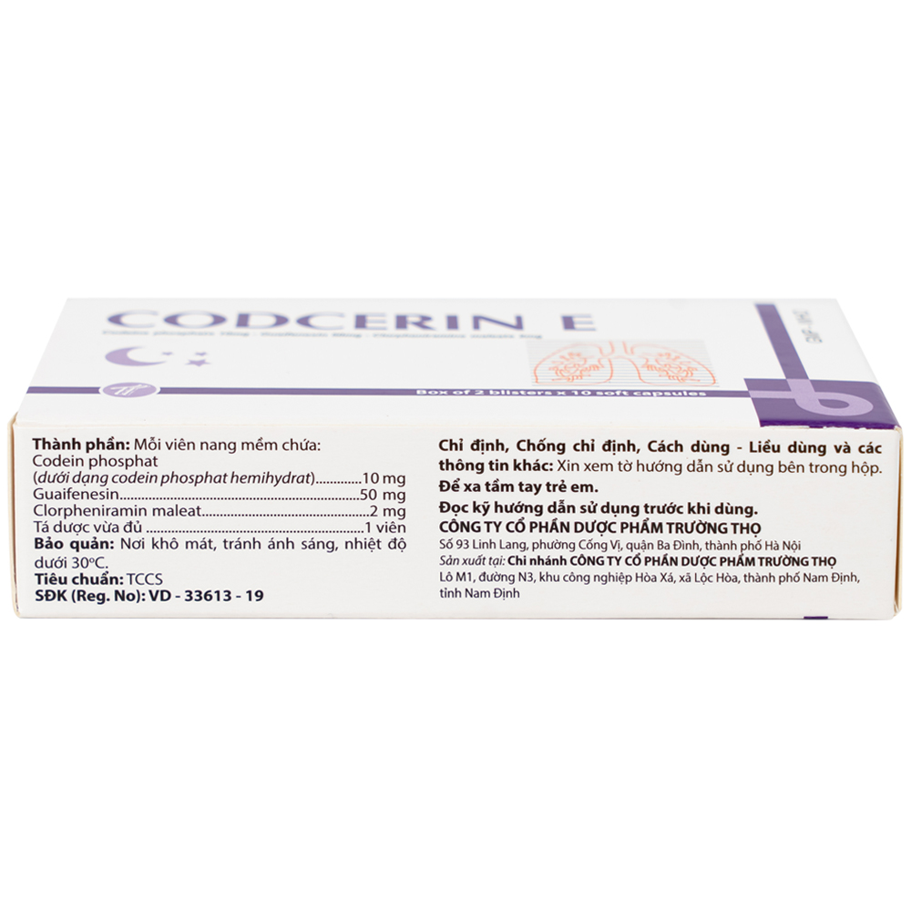 Thuốc Codcerin E Trường Thọ điều trị viêm phế quản, viêm họng, viêm phổi, ho do kích ứng (2 vỉ x 10 viên)